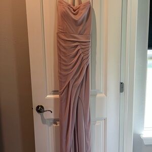 Azazie Pink Ruched Cowl Neck Gown